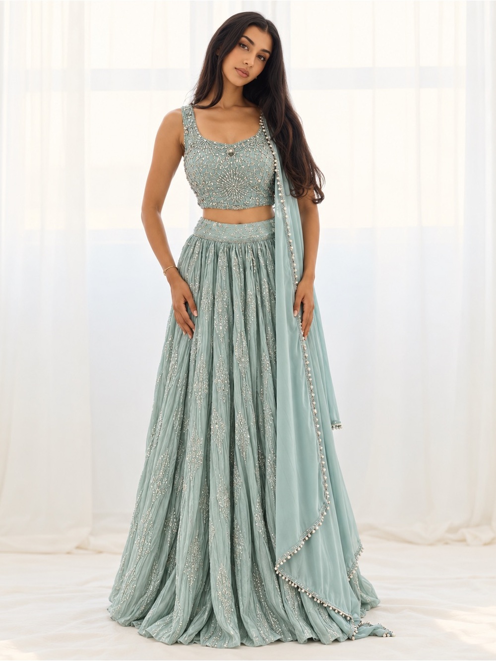 Stunning Mint Green Embroidered 3-Piece Lehenga Set | Size Large